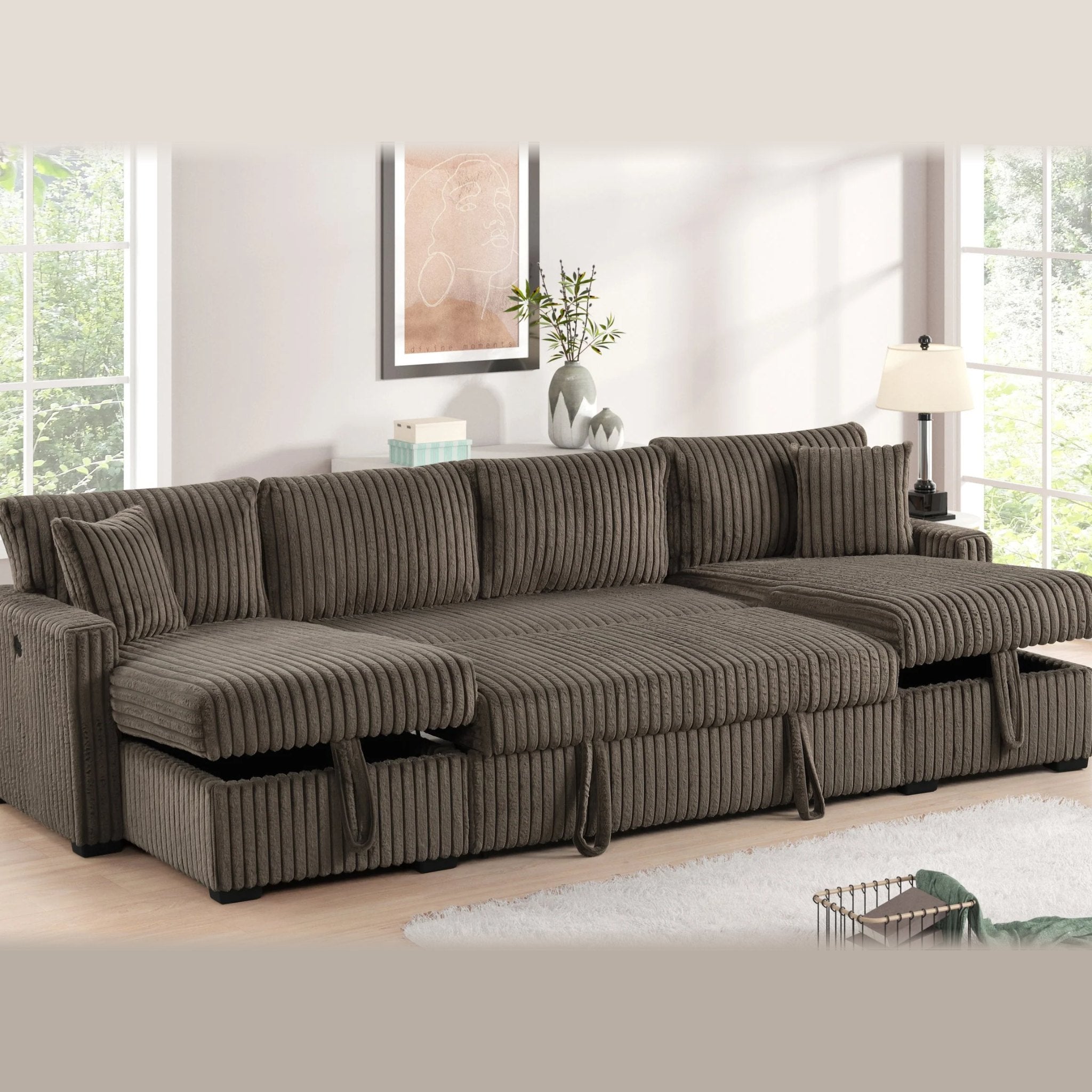 Joey double storage chaise sectional – Mocha